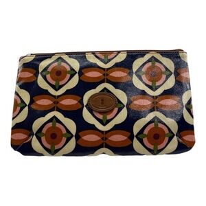 Fossil Key Per Floral Print Cosmetic Bag Pouch Navy Yellow Brown Pink